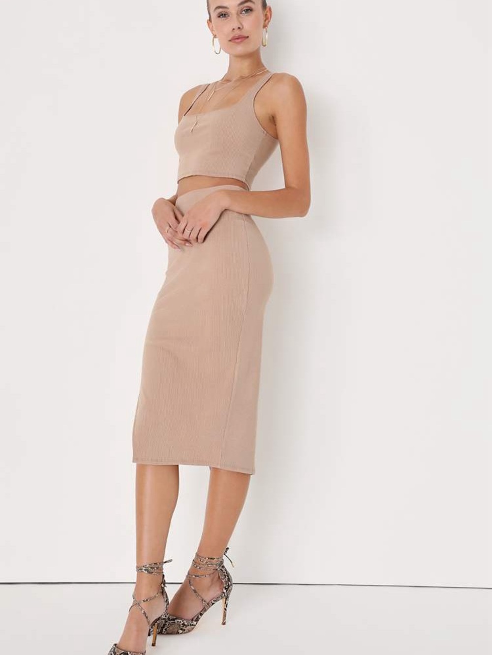 Lulu's Ribbed Two-Piece Dress in Nude